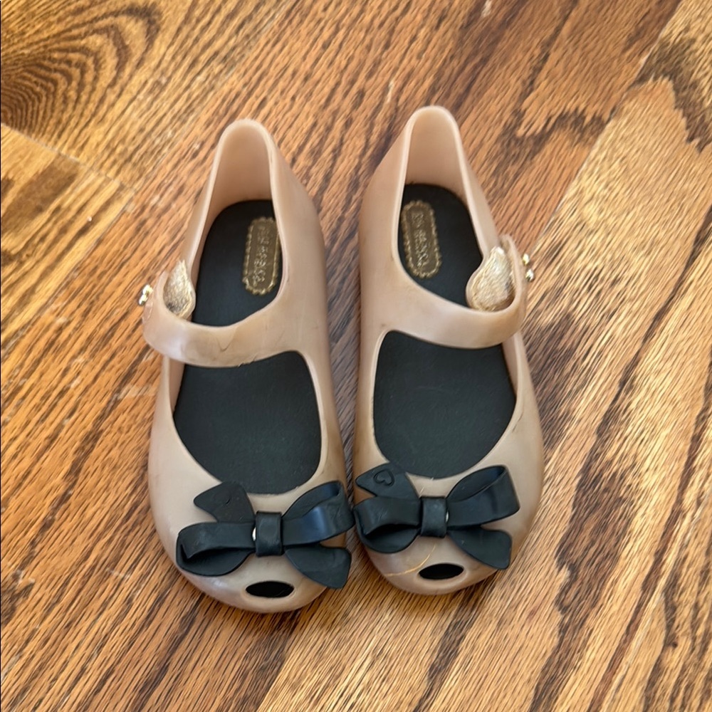 Mini Melissa Tan Shoes with Black Bow